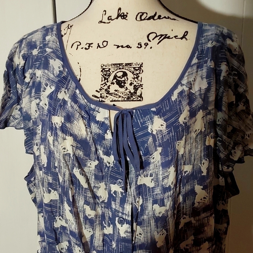 Pure Energy|Womens Blue Flutter Sleeve Western Horse Print Top Sz.2X